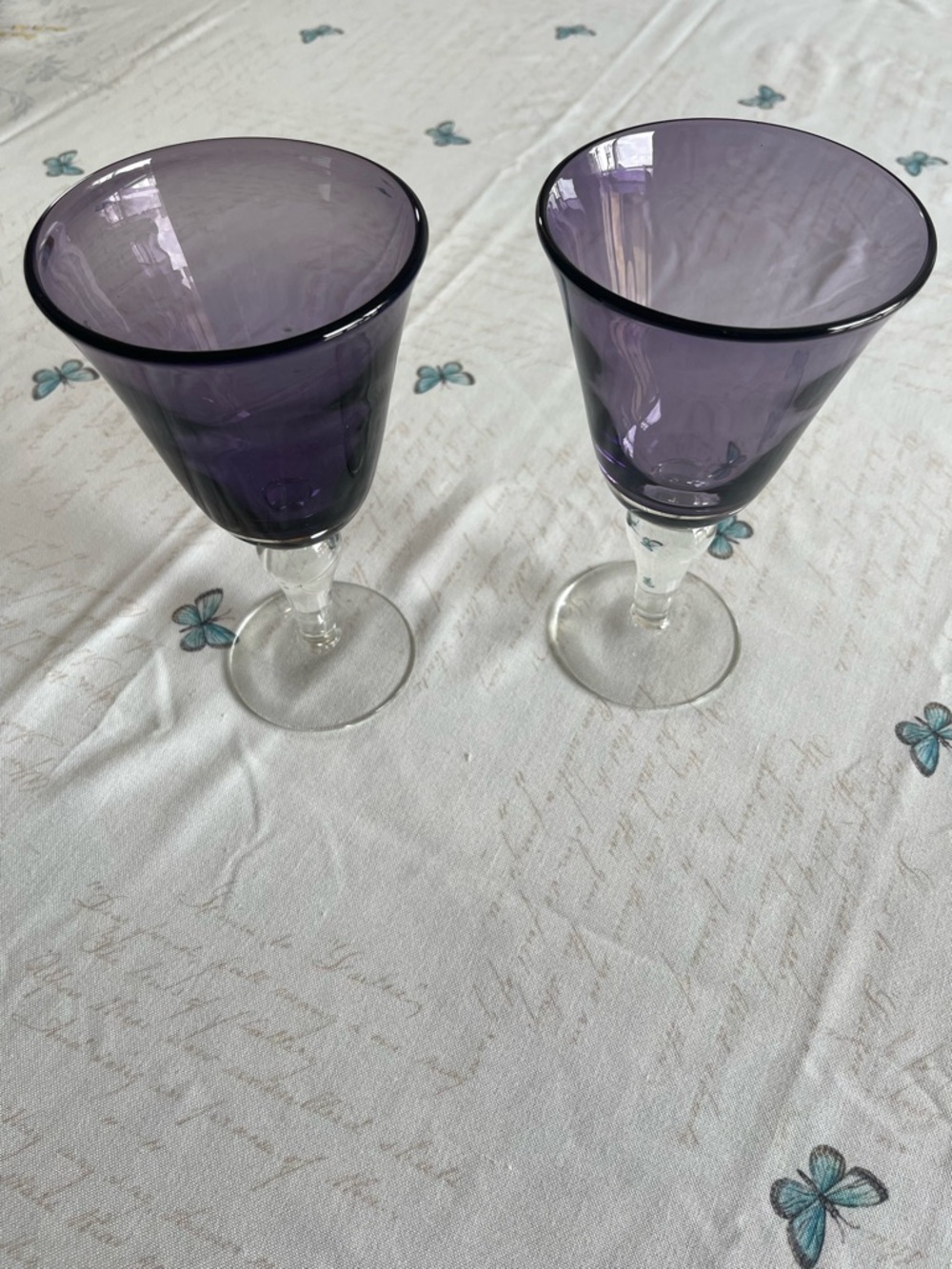 Pair of Purple Stemmed Wine Glasses